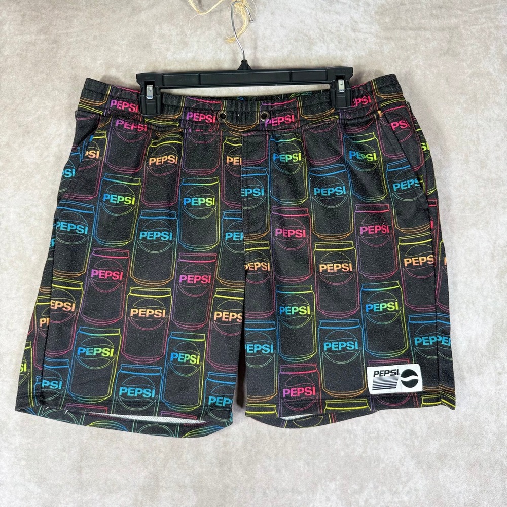 Forever 21 Pepsi Shorts Mens XL Black Neon Soda Can Print Retro Streetwear